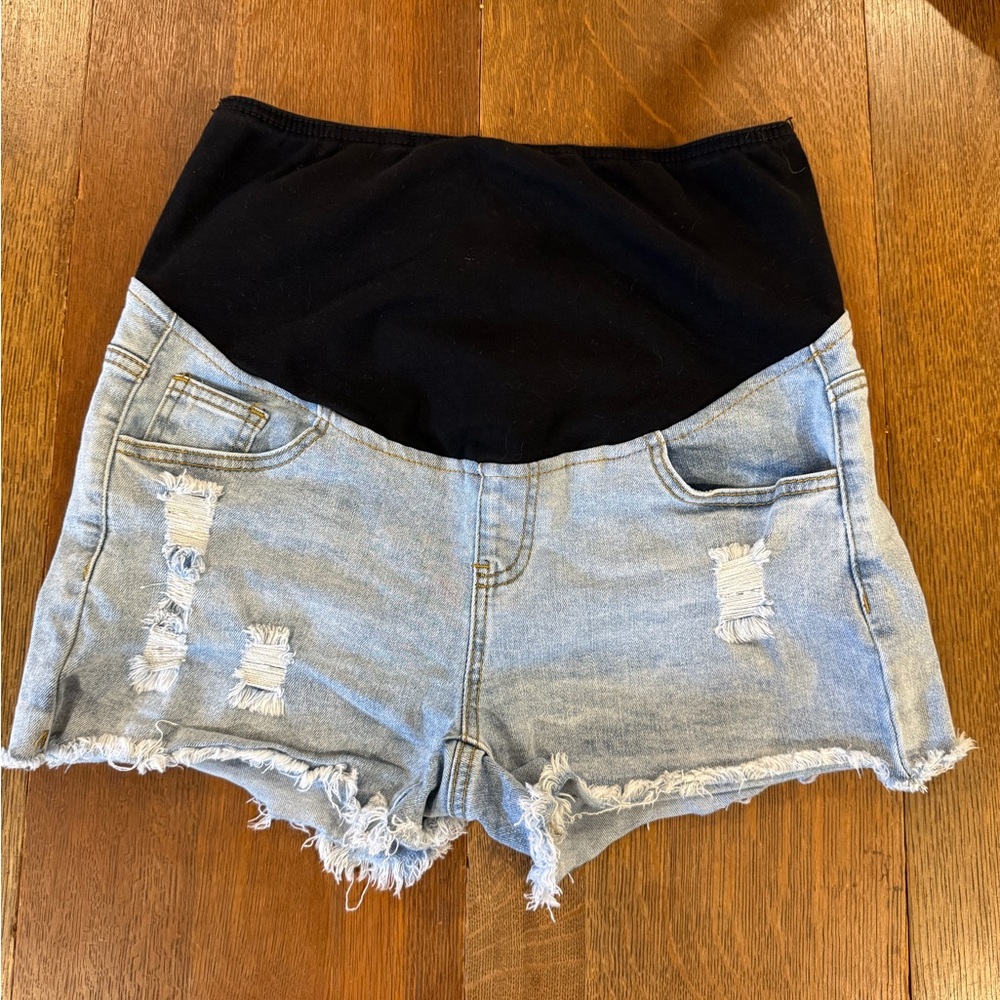 Maternity Denim Shorts with Black Stretch Panel - Light Blue